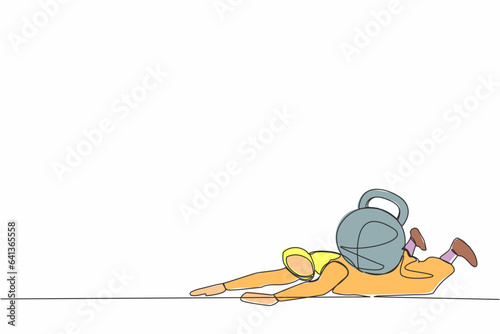 Continuous one line drawing Arabian businesswoman under heavy kettlebell burden. Tension, heaviness in business life. Overwork, stress, time management. Single line design vector graphic illustration