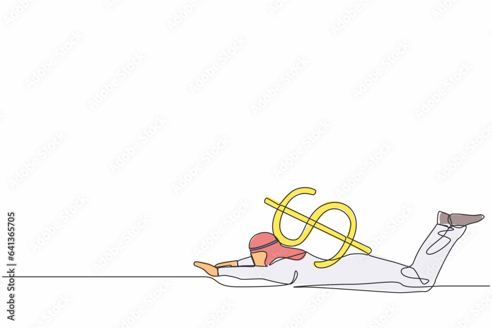 Continuous one line drawing Arabian businessman under heavy dollar symbol burden. Overworked or overloaded worker due to economic crisis, debt pressure. Single line design vector graphic illustration
