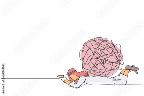 Single one line drawing Arab businessman under heavy messy line burden. Stress burden, anxiety from work difficulty, overload, economic crisis problem. Continuous line draw design vector illustration