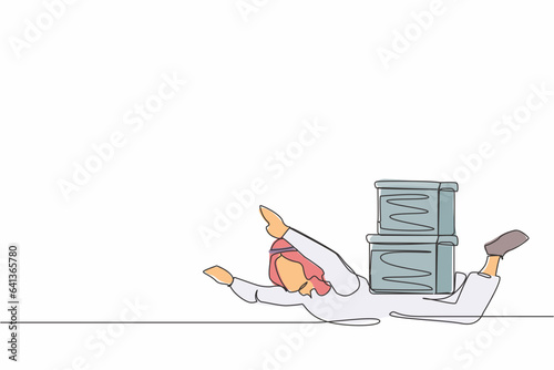 Single one line drawing Arabian businessman under heavy pile of box burden. Overworked man with stack of cardboard. Stress at work. Bureaucracy. Continuous line draw design graphic vector illustration