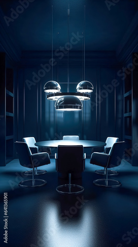 Chairs around the table and lamps in an empty room, generative AI.