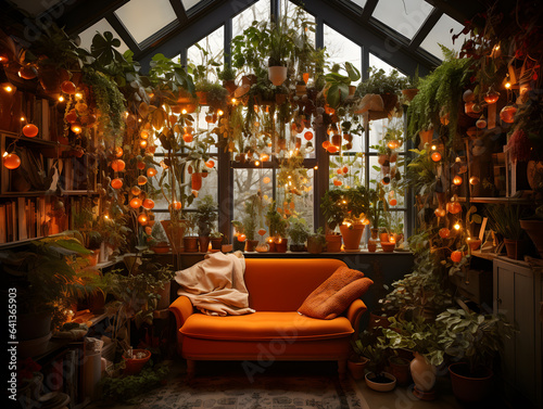 Interior of a room with orange docroation and pillows in a cozy house with halloween theme