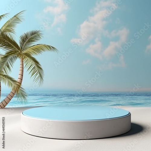 Minimal round marble podium  Aesthetic summer dais  3D podium with a premium summer beach background  seaside sand  waves and coconut trees for product showcase  AI generated.