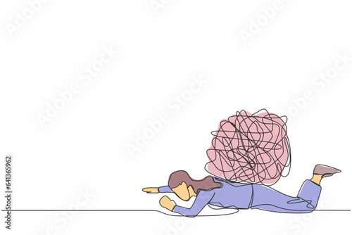Continuous one line drawing unhappy businesswoman under heavy messy line burden. Problem in economic crisis, pressure from too much responsibility. Single line draw design vector graphic illustration