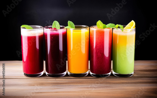 Assorted fruit juices or smoothies in glasses, decorated with mint leaves and lemon on wooden table. Generative AI	