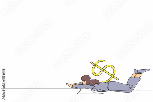 Single one line drawing unhappy businesswoman under heavy dollar symbol burden. Overworked or overloaded worker due to economic crisis, debt pressure. Continuous line draw design vector illustration