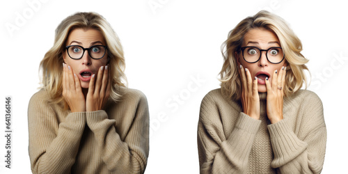 Surprised middle aged woman in casual outfit and glasses covering mouth in disbelief over transparent background