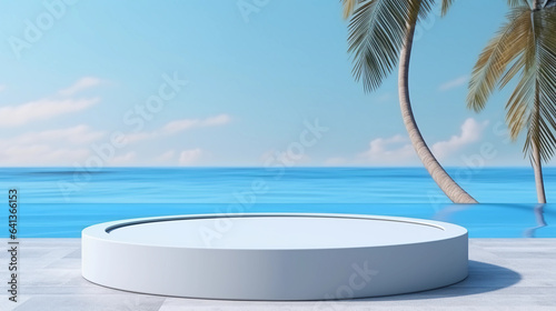 Minimal round marble podium, Aesthetic summer dais, 3D podium with a premium summer beach background, seaside sand, waves and coconut trees for product showcase, AI generated. © Sunshinemeee