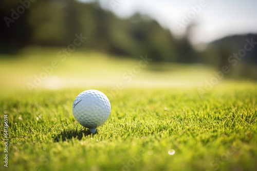 Close up of one golf ball on the green grass of a golf course with empty space for text