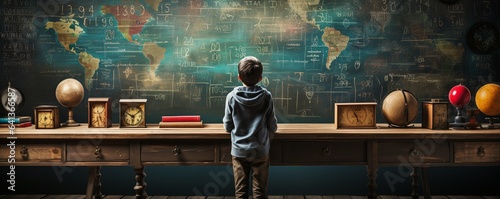 Boy writing on blackboard in behind view,.
