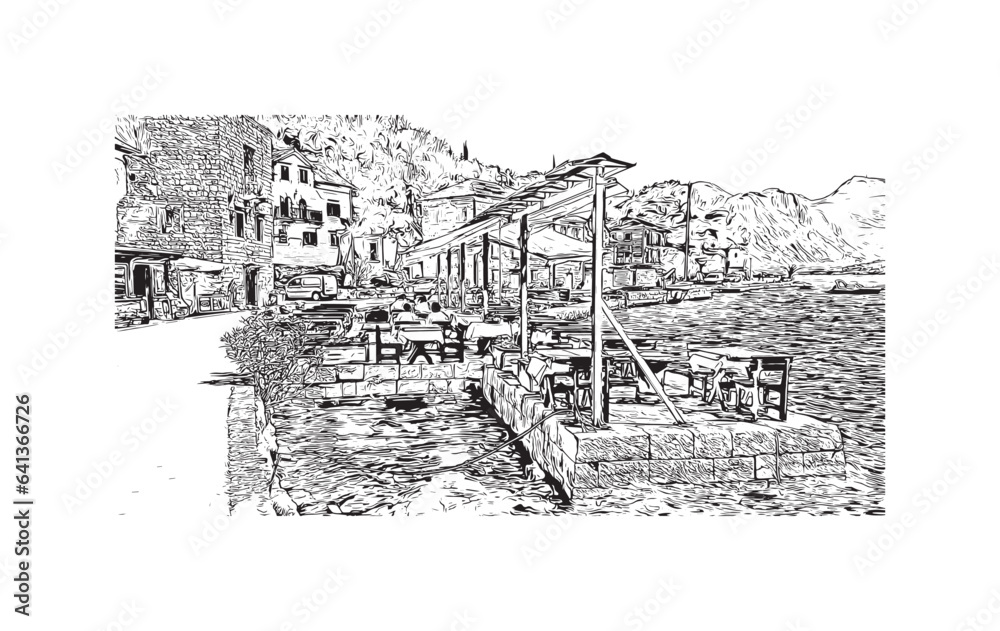 Building view with landmark of Perast is the 
town in Montenegro. Hand drawn sketch illustration in vector.