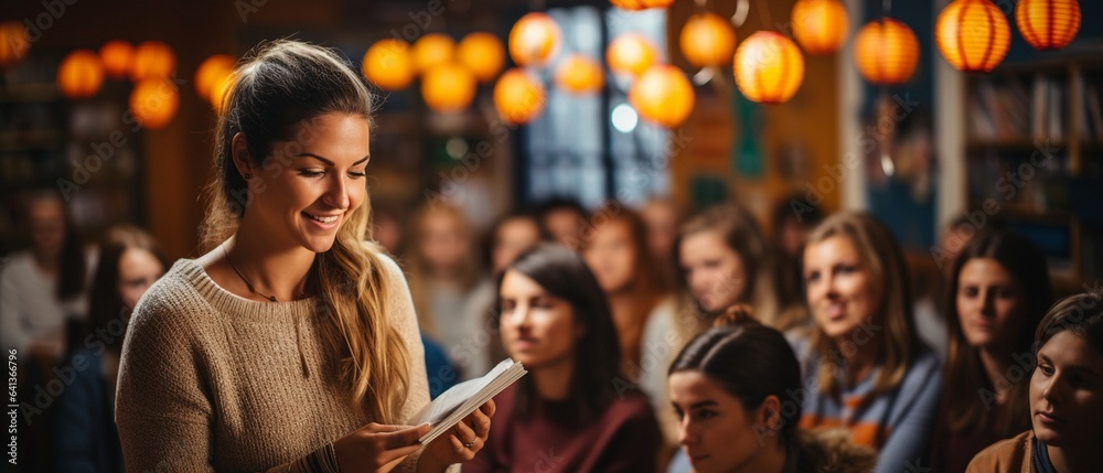 A diverse, multiethnic group of male and female students are being taught in a college classroom.. A diverse, multiethnic group of male and female students are being taught in a college classroom..