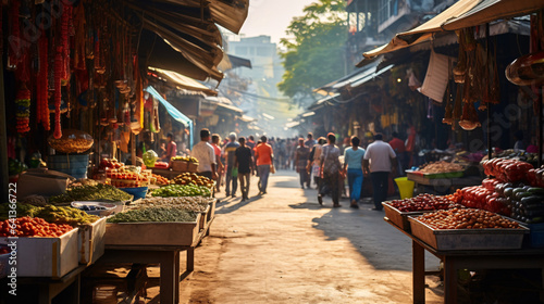 A vibrant and colorful street market scene, bustling with activity and filled with a variety of fresh produce, handmade crafts, and local delicacies. © Saran