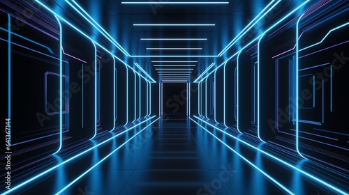 Mysterious corridor lit with neon lights, suitable for thriller film or cyberpunk themed designs, evoking a sense of intrigue.