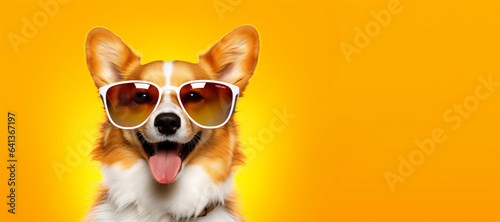 Advertising banner, space for text, funny corgi with glasses on a yellow background. AI generated