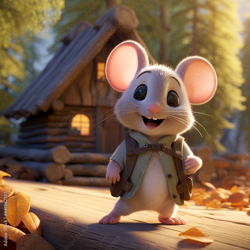 a cute mouse standing with a log cabin in the woods a cute mouse standing with a log cabin in the woods