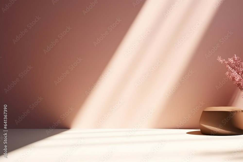 Unobtrusive background with shadow on the wall. Premium podium, stand on pastel light background. Mock up for exhibitions, presentation of products. generative ai.