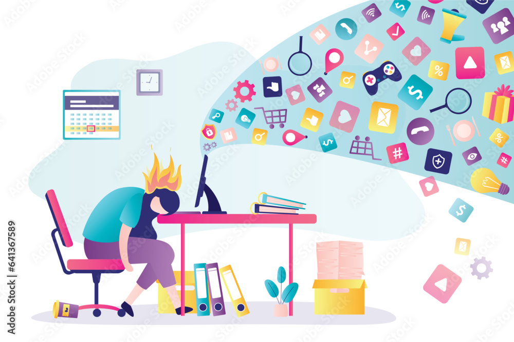 Woman user burnout after surfing in global internet. Tired businesswoman sits at workplace, flame on head. Various social media icons. Flow of data and information. Woman user burnout after surfing in global internet. Tired businesswoman sits at workplace, flame on head. Various social media icons. Flow of data and information.