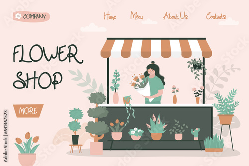 Woman florist selling bouquets of flowers at outdoor flower shop, landing page template. Seller sells plants and flowers. Gardening shop. Vector flat illustration