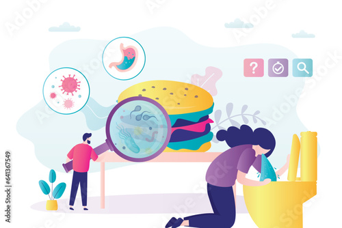 Inspector doing quality control of fastfood. Food poisoning poor quality hamburger. Sick woman vomits in toilet. Hygiene, digestive problems. Pathogenic microorganisms