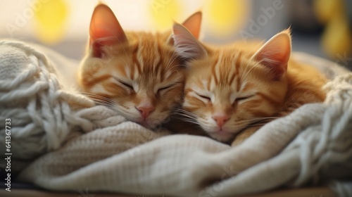 Cute ginger kittens sleeping on knitted plaid, closeup
