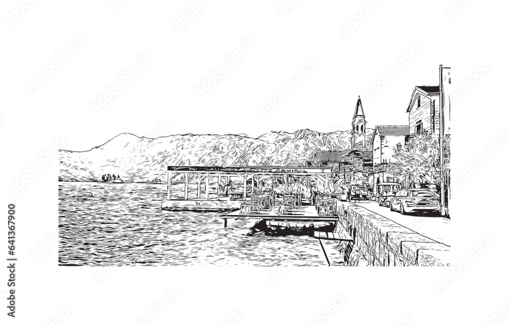 Obraz premium Building view with landmark of Perast is the town in Montenegro. Hand drawn sketch illustration in vector.