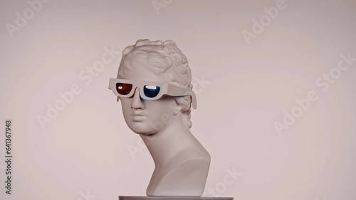 Closeup shot. Ancient marble bust statue of roman era woman in 3d glasses on a platform. Isolated on pink background.