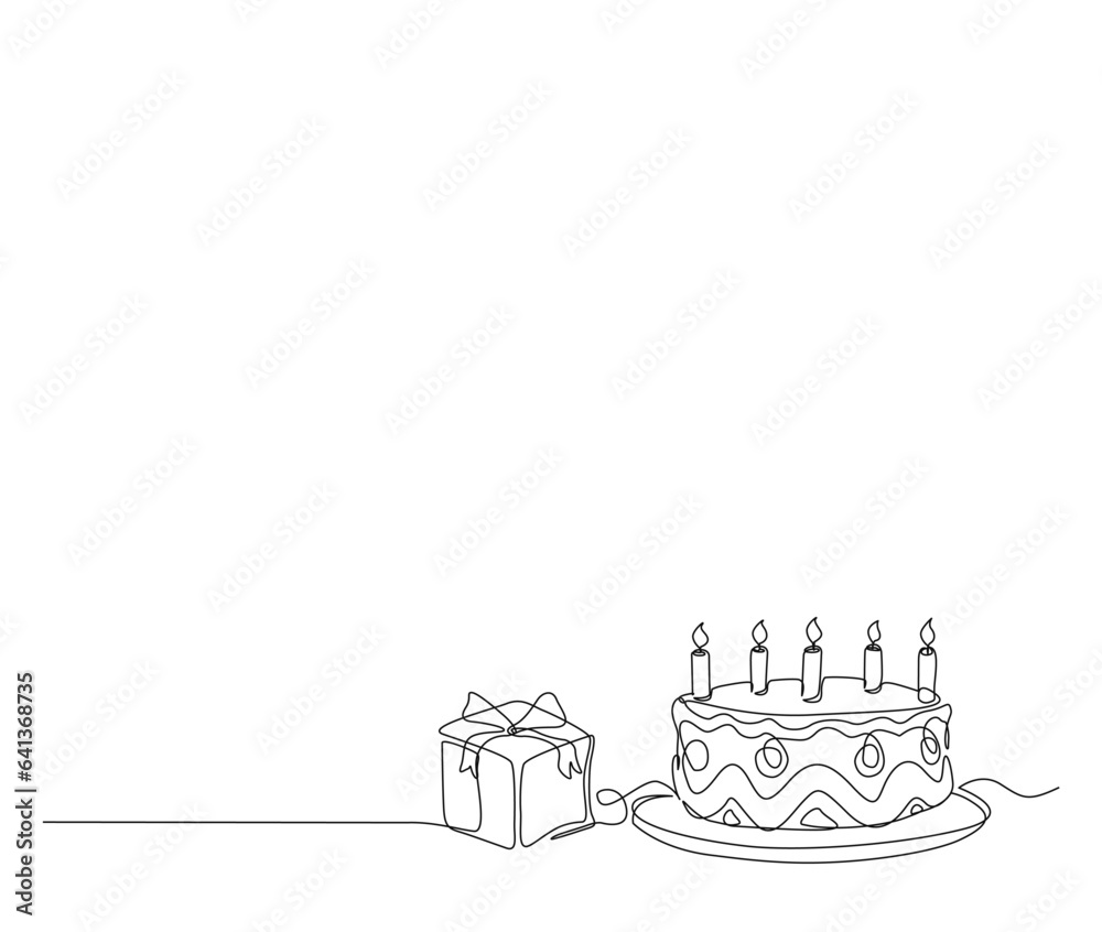 Continuous one line drawing of birthday cake with gift box. Party, anniversary and celebration concept. Minimalism Hand drawn vector illustration.
