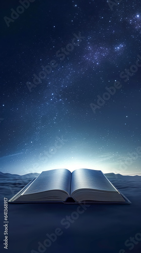 Open book bible and light on blue background, generative AI.