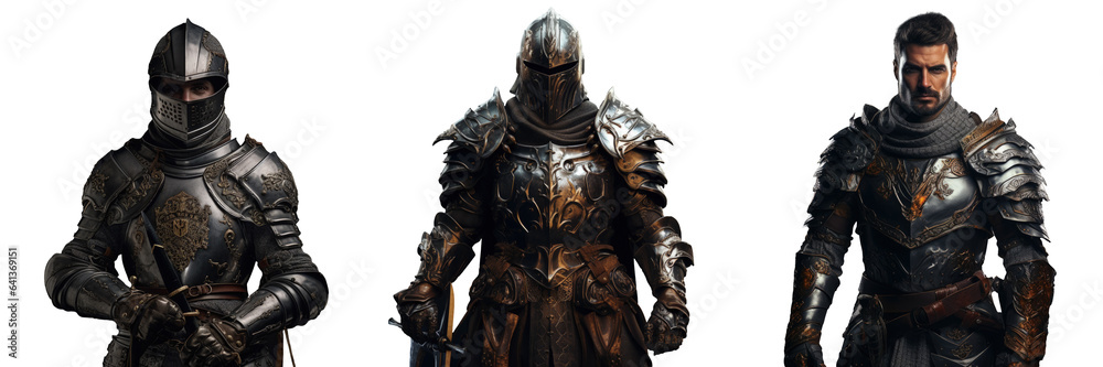 A solitary knight in armor wielding sword against transparent background
