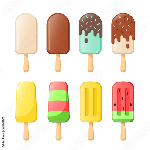 Ice cream vector flat illustration. Popsicle collection. Chocolate, vanilla and fruit eskimo on white background.