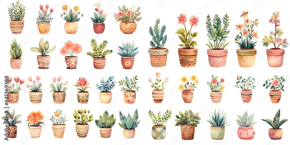watercolor painting style illustration of cute boho flower pot plants collection set, Generative Ai - obrazy, fototapety, plakaty 