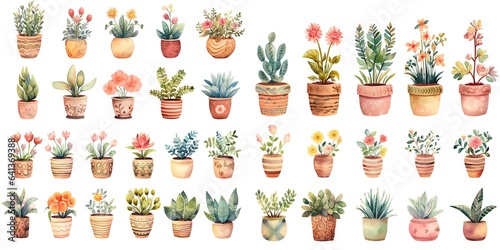 watercolor painting style illustration of cute boho flower pot plants collection set, Generative Ai