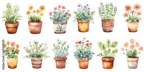 watercolor painting style illustration of cute boho flower pot plants collection set, Generative Ai