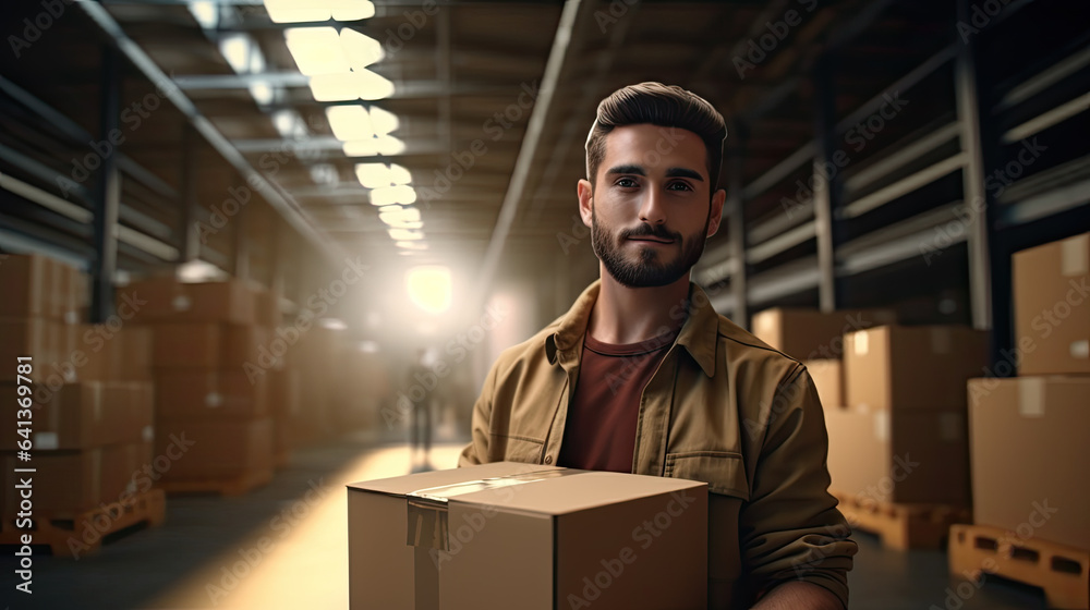 Male warehouse worker portrait in warehouse storage Male warehouse worker portrait in warehouse storage