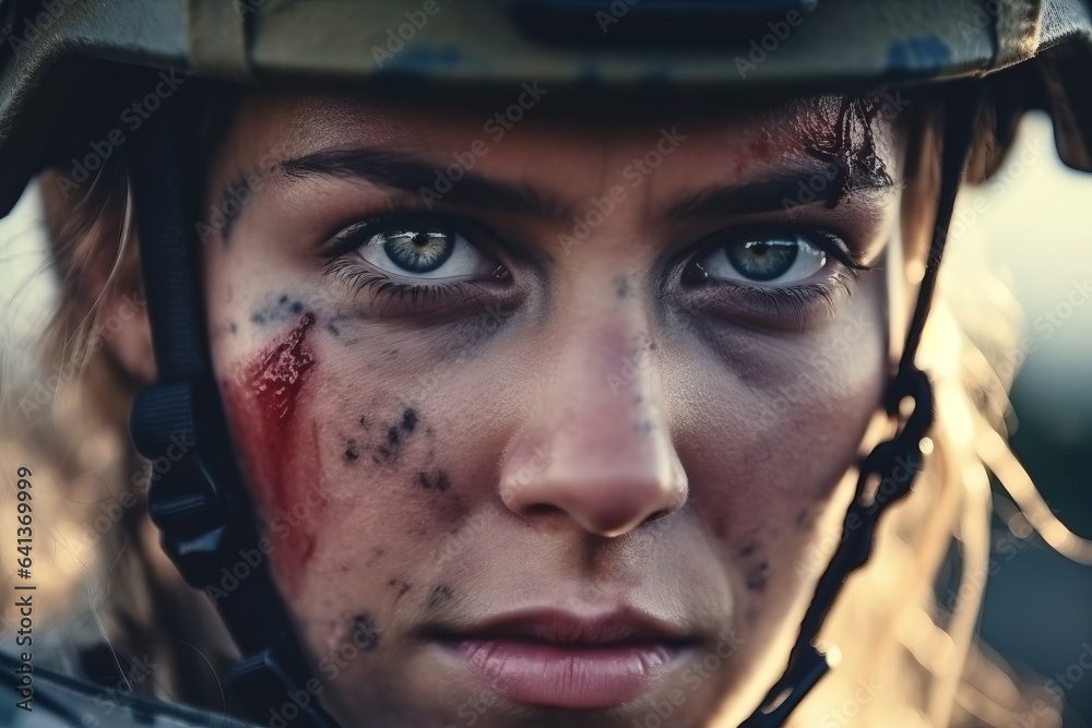 Close-up of a female soldier staring at the camera , military woman face Close-up of a female soldier staring at the camera , military woman face