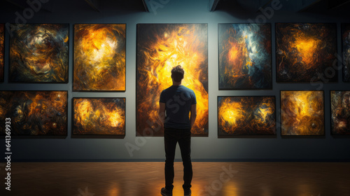 Photo Man in front of a huge impressive modern art painting with yellow and golden col