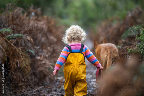 baby waling a dog on a lead in the wild forest together walking in a park in australia