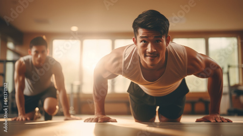Fitness instructor giving motivation to man doing push ups in a modern gym © Keitma