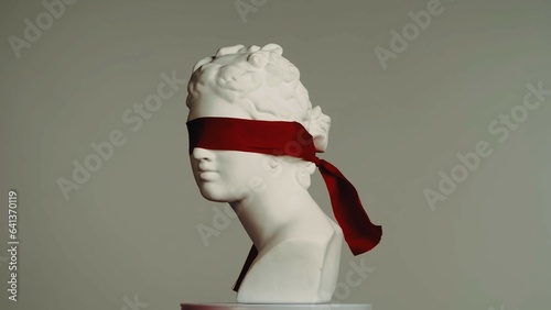 Closeup shot. Ancient marble bust statue of roman era woman blindfolded. Isolated on grey background. photo