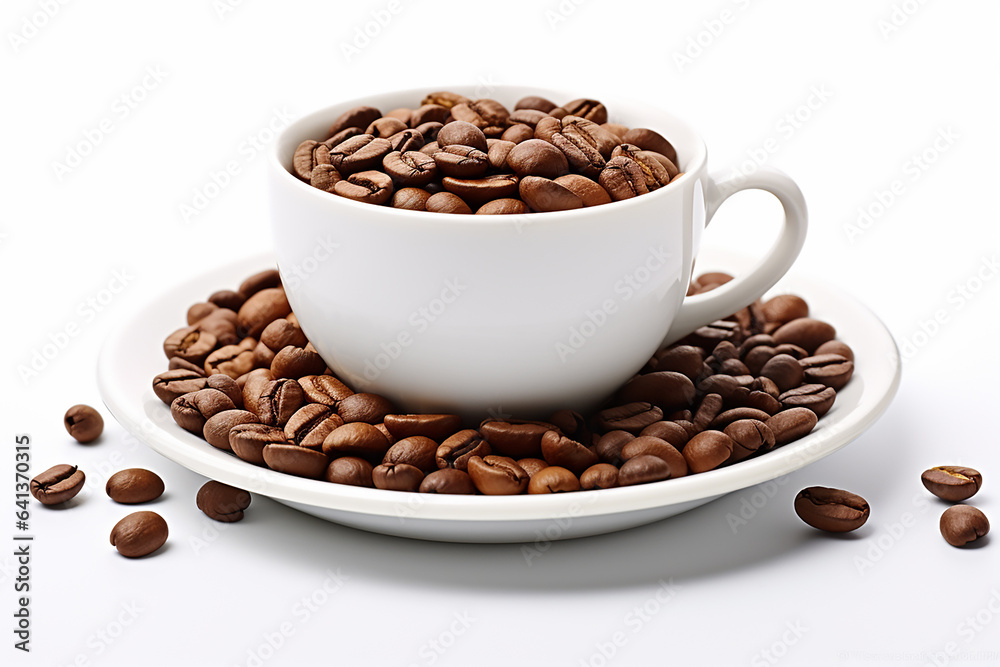 White mug of coffee beans on white background. Generative AI White mug of coffee beans on white background. Generative AI