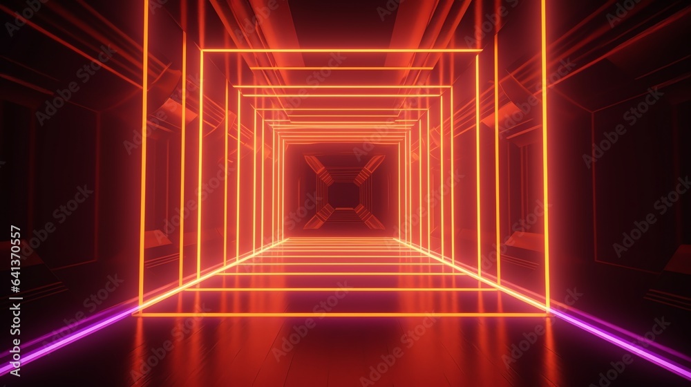 Long hallway with orange lights and black background. Suitable for Halloween, horror, thriller, suspense, or mysterious themed designs.