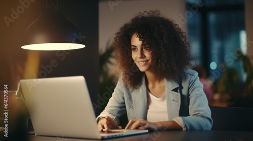 Close Up Portrait of a Happy Middle Eastern Manager Sitting at a Desk in Creative Office. Young Stylish Female with Curly Hair Using Laptop Computer in Marketing Agency