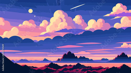 Painting of a sunset with clouds and mountains in the background and a plane flying overhead in the sky, colorful flat surreal design, vector art, space art. Cartoon anime background.