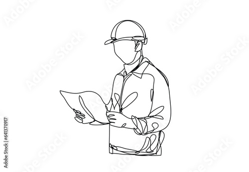continuous line art , Civil engineer, Architects and worker, vector illustration