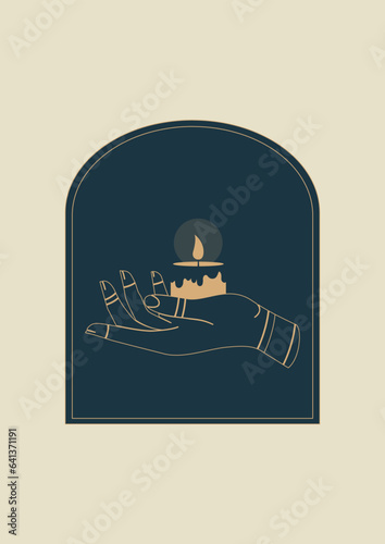 Hand holding burning candle in boho style poster illustration