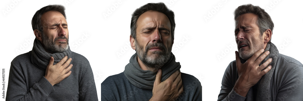 Obraz premium Unhappy middle aged man holding his throat due to throat pain depicted on transparent background