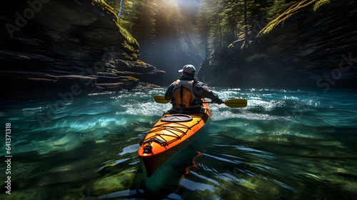 A serene kayaking expedition is captured in this scene. The photography reveals the intricate ripples in the water and the focused expressions of paddlers.