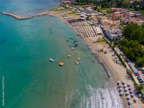 Aerial panoramic view of Roda Beach in summer, Corfu, Ionian Islands Greece.