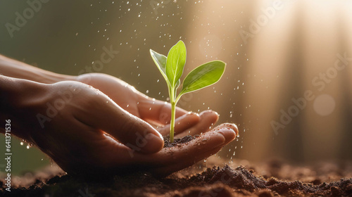 Planting the Seed of Life in a Garden. Hands Planting A Seedling Into The Ground. Generative AI
